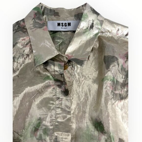 MSGM FOIL Metallic Silk floral Printed Button down Blouse top collar gold 40 / S - Picture 4 of 7